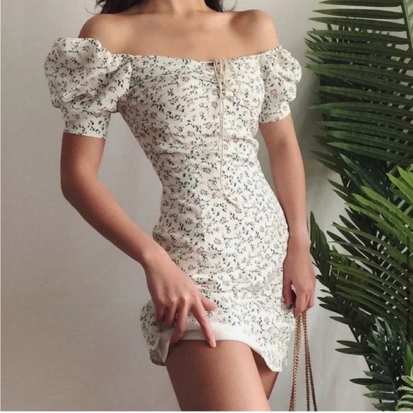 limjia shop coquette floral ruched puff sleeve cinched mini dress Size Large - Picture 2 of 16